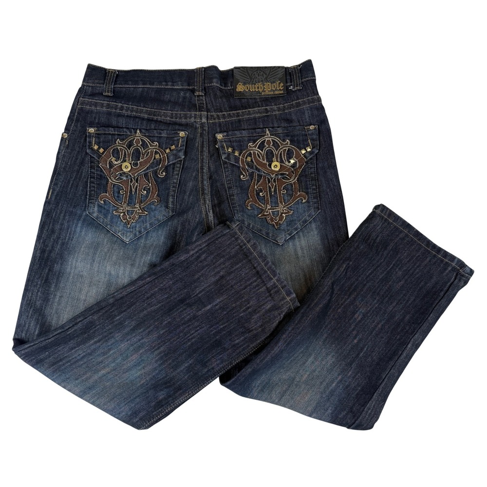 SouthPole Embroidered Blue Jeans Mens 34x30 Dk Wash Y2K Baggy Streetwear Studded